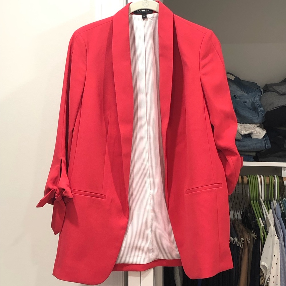 Express Tie Sleeve Boyfriend Blazer, Guava Pink, S